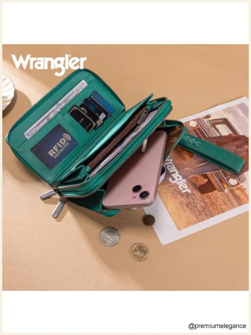 Double Zip Phone Wristlet with RFID Faux Leather Wrist Strap